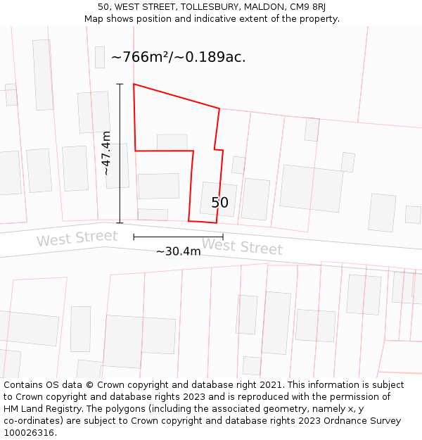 50, WEST STREET, TOLLESBURY, MALDON, CM9 8RJ: Plot and title map