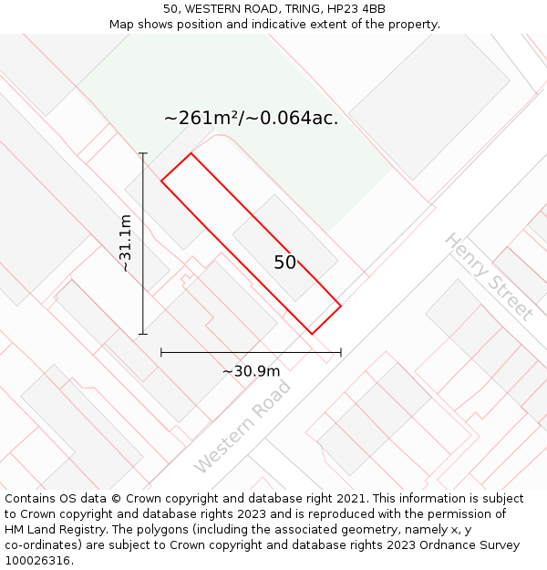 50, WESTERN ROAD, TRING, HP23 4BB: Plot and title map