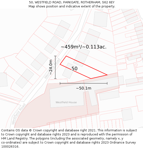 50, WESTFIELD ROAD, PARKGATE, ROTHERHAM, S62 6EY: Plot and title map