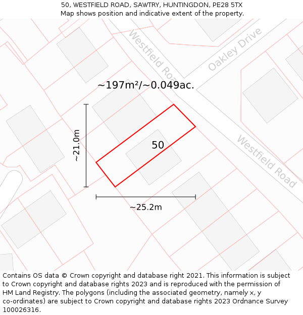 50, WESTFIELD ROAD, SAWTRY, HUNTINGDON, PE28 5TX: Plot and title map