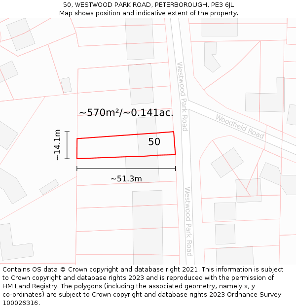 50, WESTWOOD PARK ROAD, PETERBOROUGH, PE3 6JL: Plot and title map