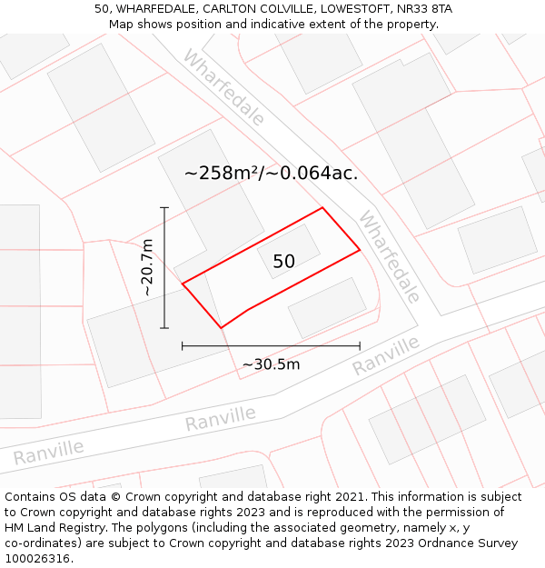 50, WHARFEDALE, CARLTON COLVILLE, LOWESTOFT, NR33 8TA: Plot and title map