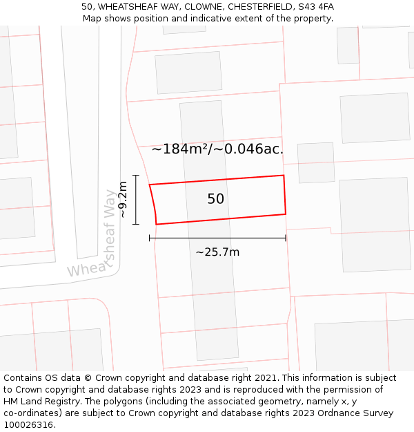 50, WHEATSHEAF WAY, CLOWNE, CHESTERFIELD, S43 4FA: Plot and title map
