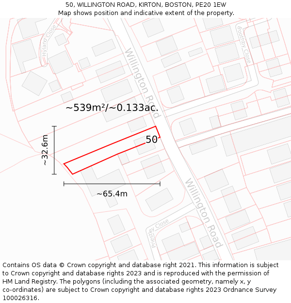 50, WILLINGTON ROAD, KIRTON, BOSTON, PE20 1EW: Plot and title map