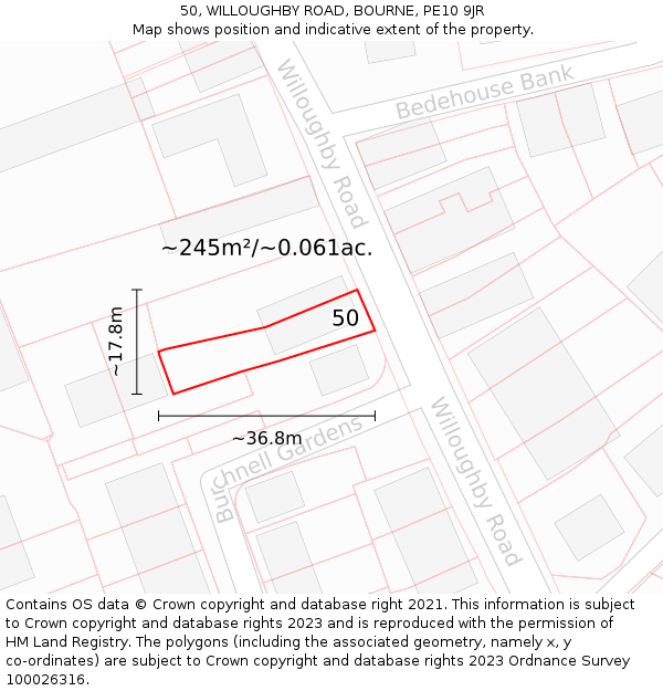 50, WILLOUGHBY ROAD, BOURNE, PE10 9JR: Plot and title map