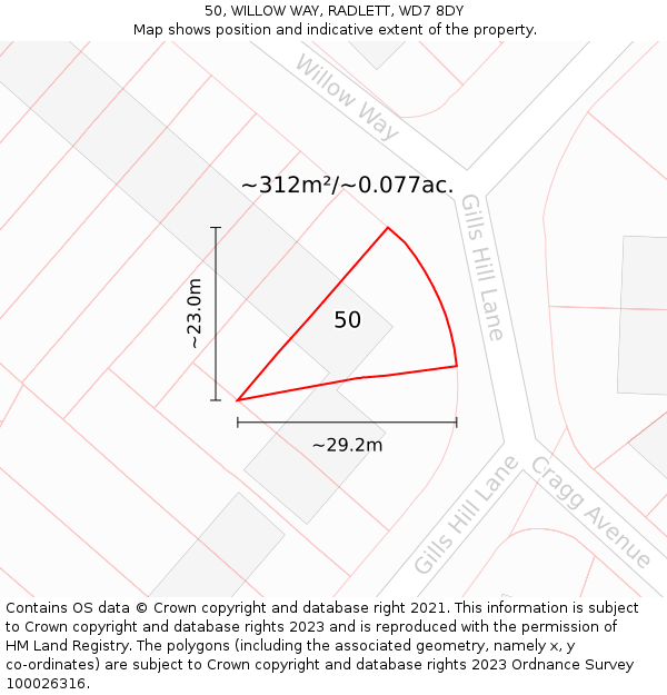 50, WILLOW WAY, RADLETT, WD7 8DY: Plot and title map