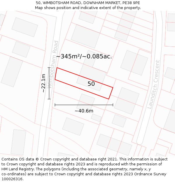 50, WIMBOTSHAM ROAD, DOWNHAM MARKET, PE38 9PE: Plot and title map