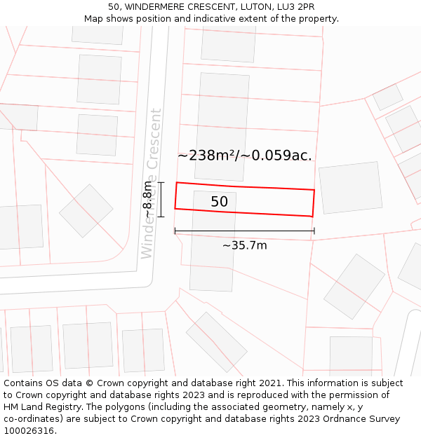 50, WINDERMERE CRESCENT, LUTON, LU3 2PR: Plot and title map