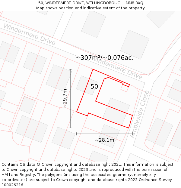 50, WINDERMERE DRIVE, WELLINGBOROUGH, NN8 3XQ: Plot and title map