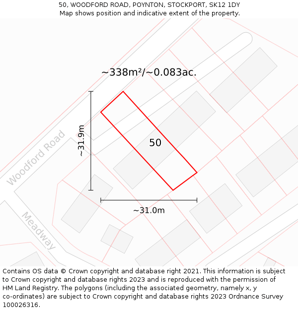 50, WOODFORD ROAD, POYNTON, STOCKPORT, SK12 1DY: Plot and title map