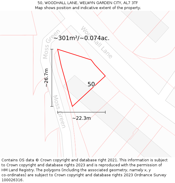 50, WOODHALL LANE, WELWYN GARDEN CITY, AL7 3TF: Plot and title map