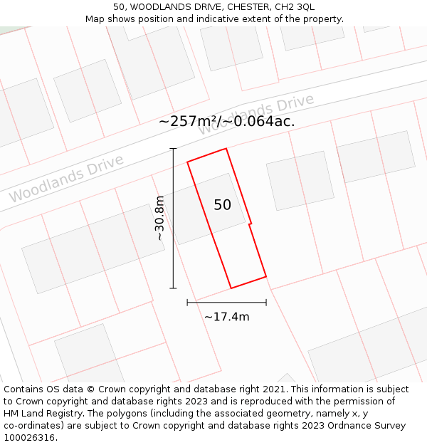 50, WOODLANDS DRIVE, CHESTER, CH2 3QL: Plot and title map