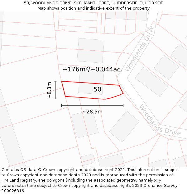 50, WOODLANDS DRIVE, SKELMANTHORPE, HUDDERSFIELD, HD8 9DB: Plot and title map