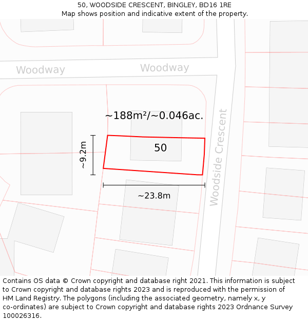 50, WOODSIDE CRESCENT, BINGLEY, BD16 1RE: Plot and title map