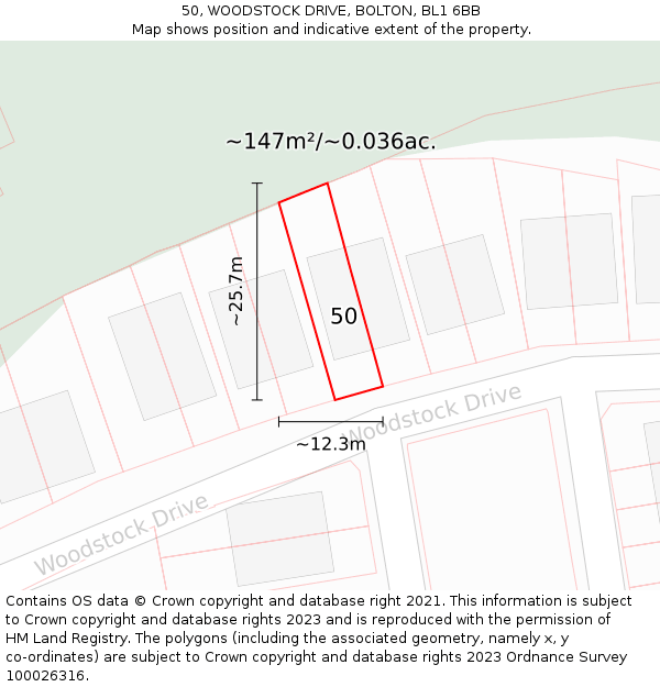 50, WOODSTOCK DRIVE, BOLTON, BL1 6BB: Plot and title map