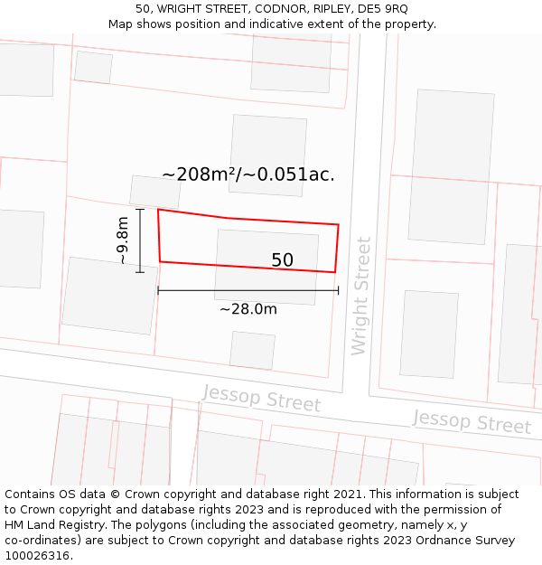 50, WRIGHT STREET, CODNOR, RIPLEY, DE5 9RQ: Plot and title map