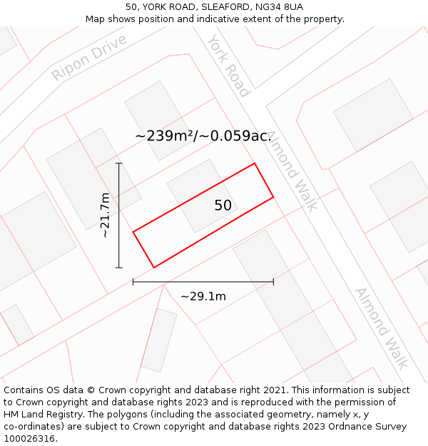 50, YORK ROAD, SLEAFORD, NG34 8UA: Plot and title map