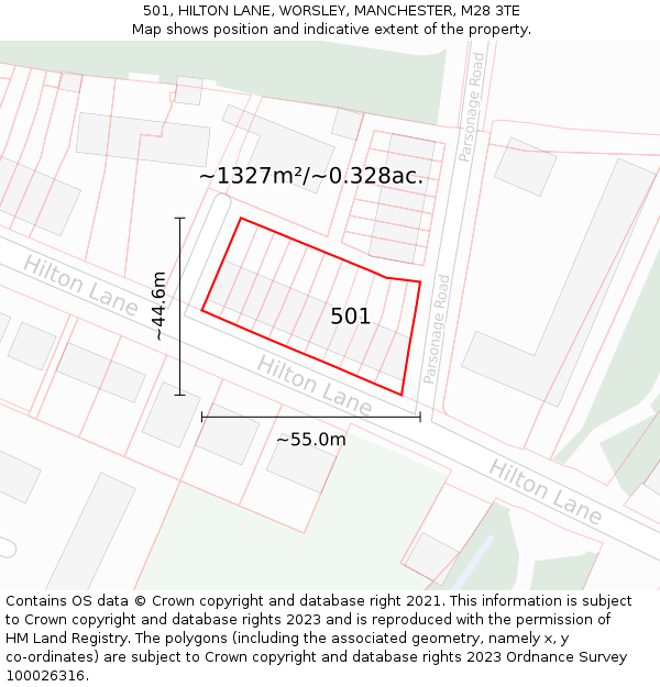 501, HILTON LANE, WORSLEY, MANCHESTER, M28 3TE: Plot and title map