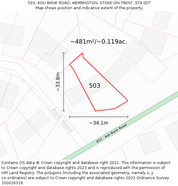 503, ASH BANK ROAD, WERRINGTON, STOKE-ON-TRENT, ST9 0DT: Plot and title map