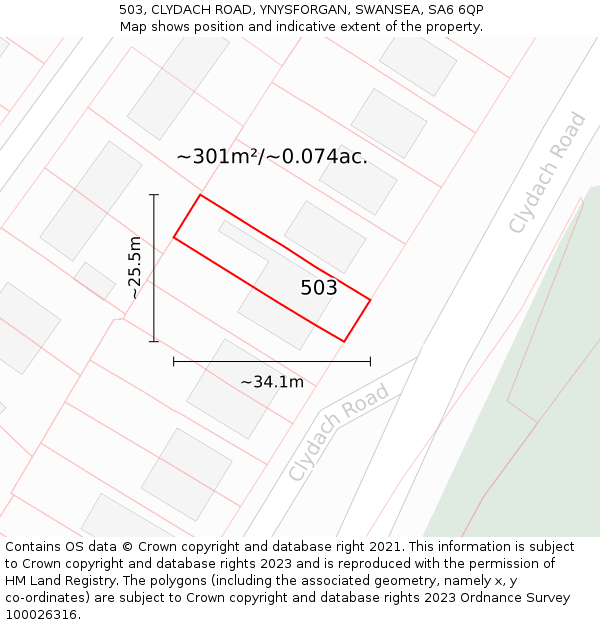 503, CLYDACH ROAD, YNYSFORGAN, SWANSEA, SA6 6QP: Plot and title map