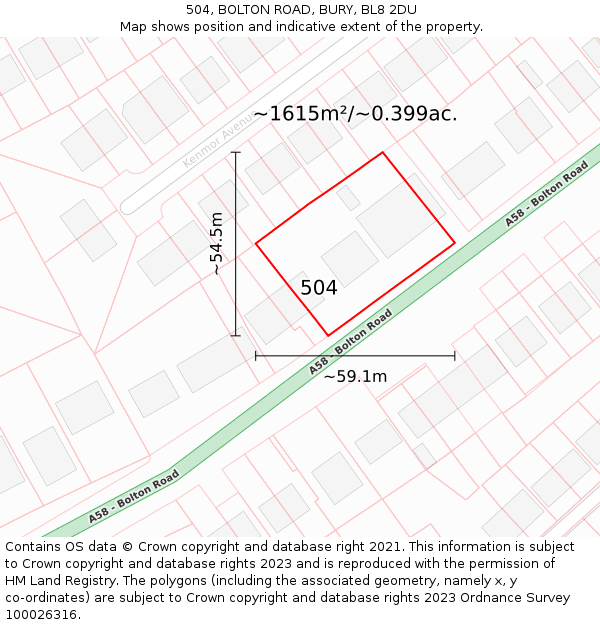 504, BOLTON ROAD, BURY, BL8 2DU: Plot and title map