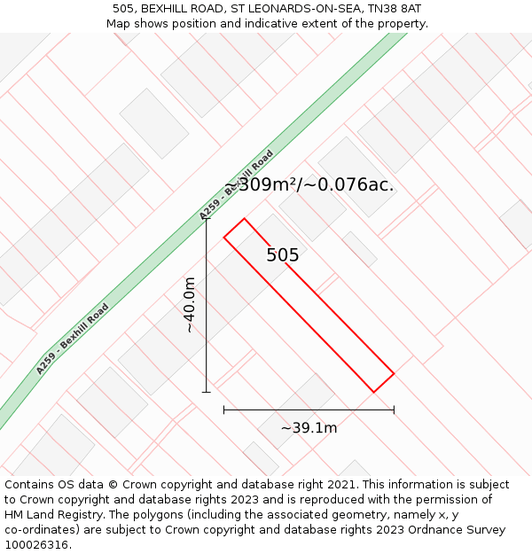 505, BEXHILL ROAD, ST LEONARDS-ON-SEA, TN38 8AT: Plot and title map