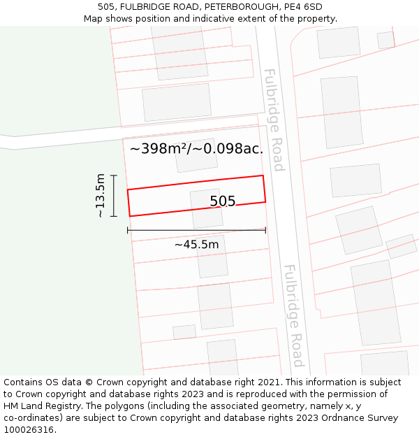 505, FULBRIDGE ROAD, PETERBOROUGH, PE4 6SD: Plot and title map