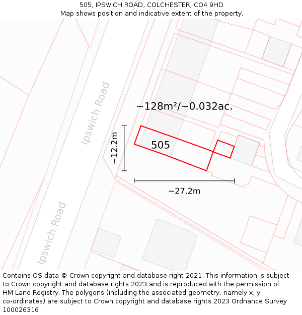 505, IPSWICH ROAD, COLCHESTER, CO4 9HD: Plot and title map