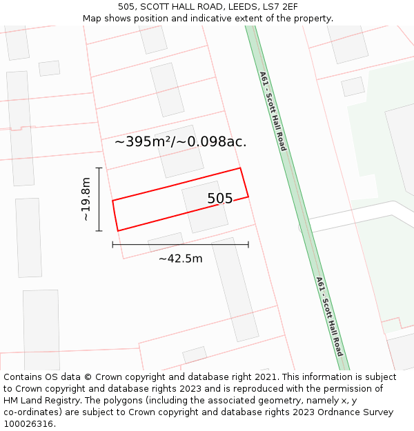 505, SCOTT HALL ROAD, LEEDS, LS7 2EF: Plot and title map