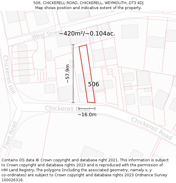 506, CHICKERELL ROAD, CHICKERELL, WEYMOUTH, DT3 4DJ: Plot and title map