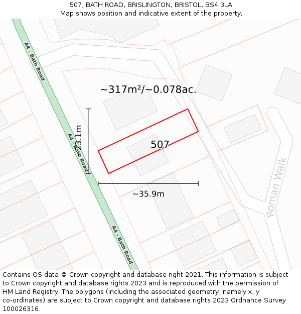 507, BATH ROAD, BRISLINGTON, BRISTOL, BS4 3LA: Plot and title map