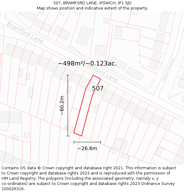 507, BRAMFORD LANE, IPSWICH, IP1 5JD: Plot and title map