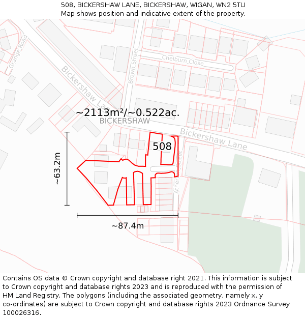 508, BICKERSHAW LANE, BICKERSHAW, WIGAN, WN2 5TU: Plot and title map