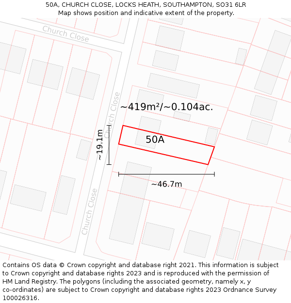 50A, CHURCH CLOSE, LOCKS HEATH, SOUTHAMPTON, SO31 6LR: Plot and title map