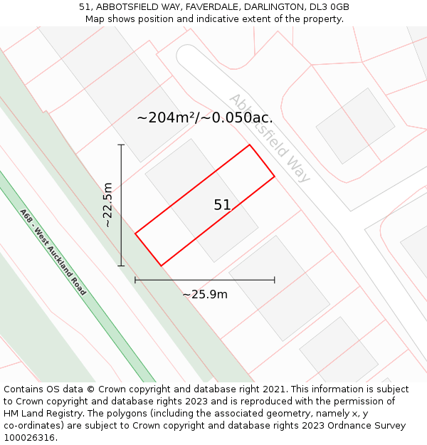 51, ABBOTSFIELD WAY, FAVERDALE, DARLINGTON, DL3 0GB: Plot and title map