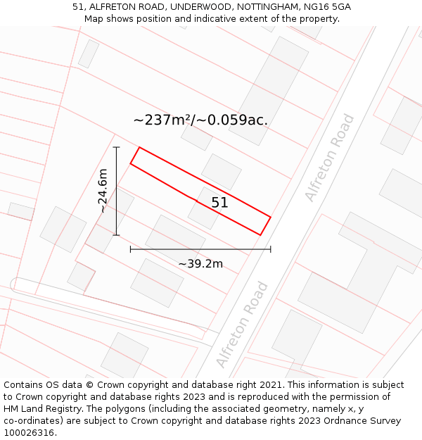 51, ALFRETON ROAD, UNDERWOOD, NOTTINGHAM, NG16 5GA: Plot and title map