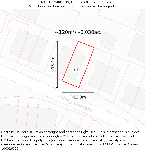 51, ASHLEY GARDENS, LITTLEPORT, ELY, CB6 1PD: Plot and title map