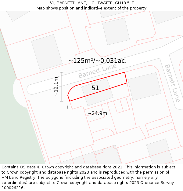 51, BARNETT LANE, LIGHTWATER, GU18 5LE: Plot and title map