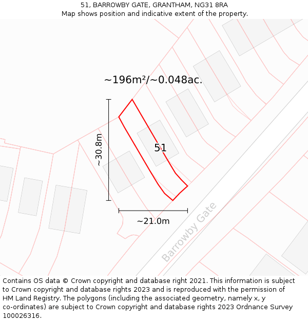 51, BARROWBY GATE, GRANTHAM, NG31 8RA: Plot and title map