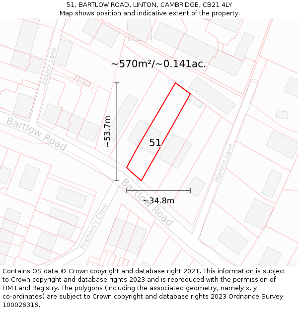 51, BARTLOW ROAD, LINTON, CAMBRIDGE, CB21 4LY: Plot and title map