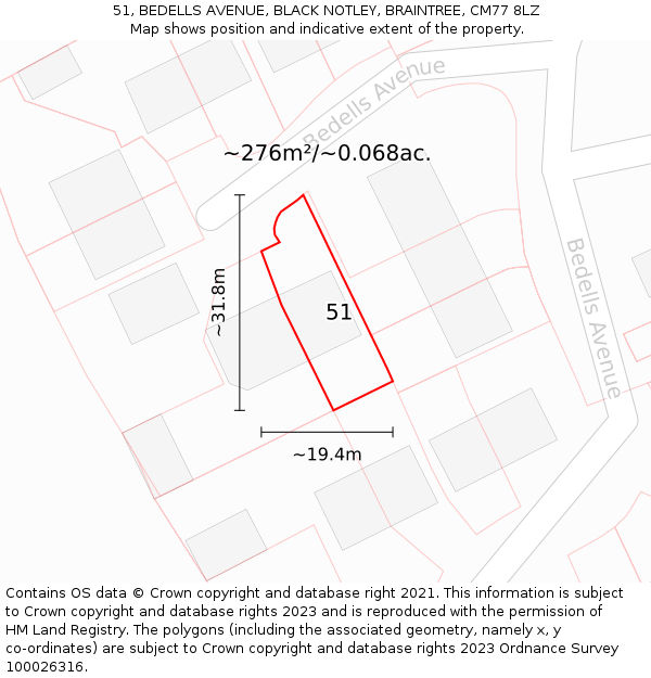 51, BEDELLS AVENUE, BLACK NOTLEY, BRAINTREE, CM77 8LZ: Plot and title map