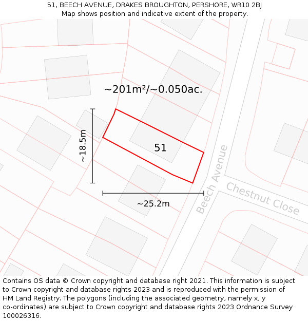 51, BEECH AVENUE, DRAKES BROUGHTON, PERSHORE, WR10 2BJ: Plot and title map