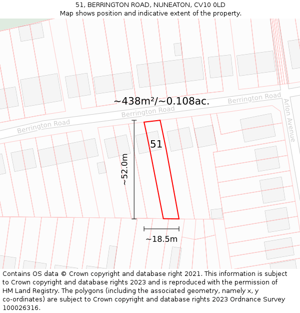 51, BERRINGTON ROAD, NUNEATON, CV10 0LD: Plot and title map
