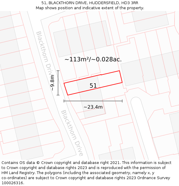 51, BLACKTHORN DRIVE, HUDDERSFIELD, HD3 3RR: Plot and title map