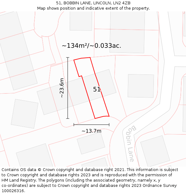 51, BOBBIN LANE, LINCOLN, LN2 4ZB: Plot and title map