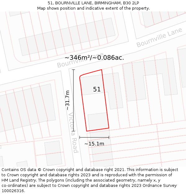 51, BOURNVILLE LANE, BIRMINGHAM, B30 2LP: Plot and title map