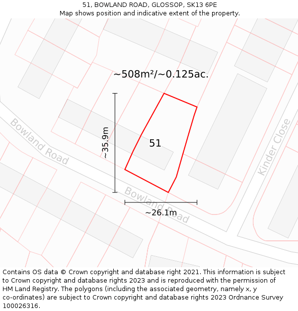 51, BOWLAND ROAD, GLOSSOP, SK13 6PE: Plot and title map