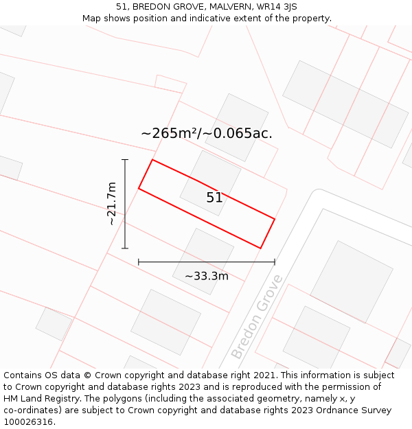 51, BREDON GROVE, MALVERN, WR14 3JS: Plot and title map