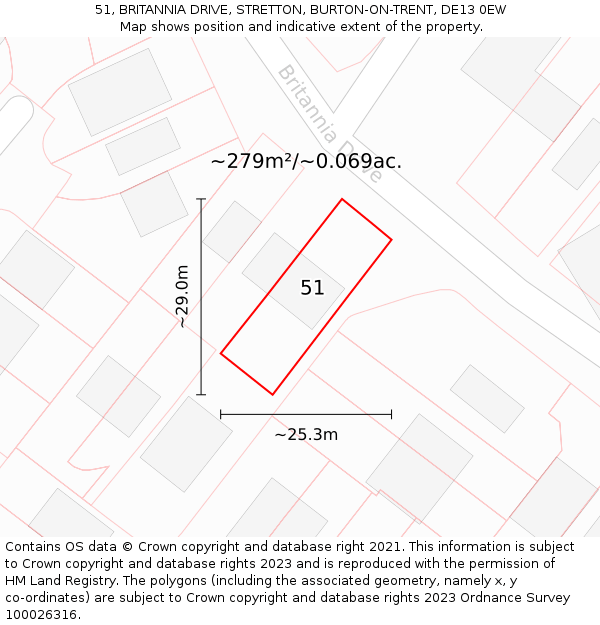 51, BRITANNIA DRIVE, STRETTON, BURTON-ON-TRENT, DE13 0EW: Plot and title map