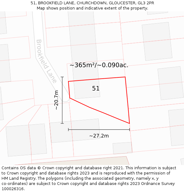 51, BROOKFIELD LANE, CHURCHDOWN, GLOUCESTER, GL3 2PR: Plot and title map